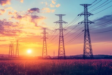 High voltage power lines against a vibrant sunset emphasizing the crucial role of electrical grids in urban energy supply