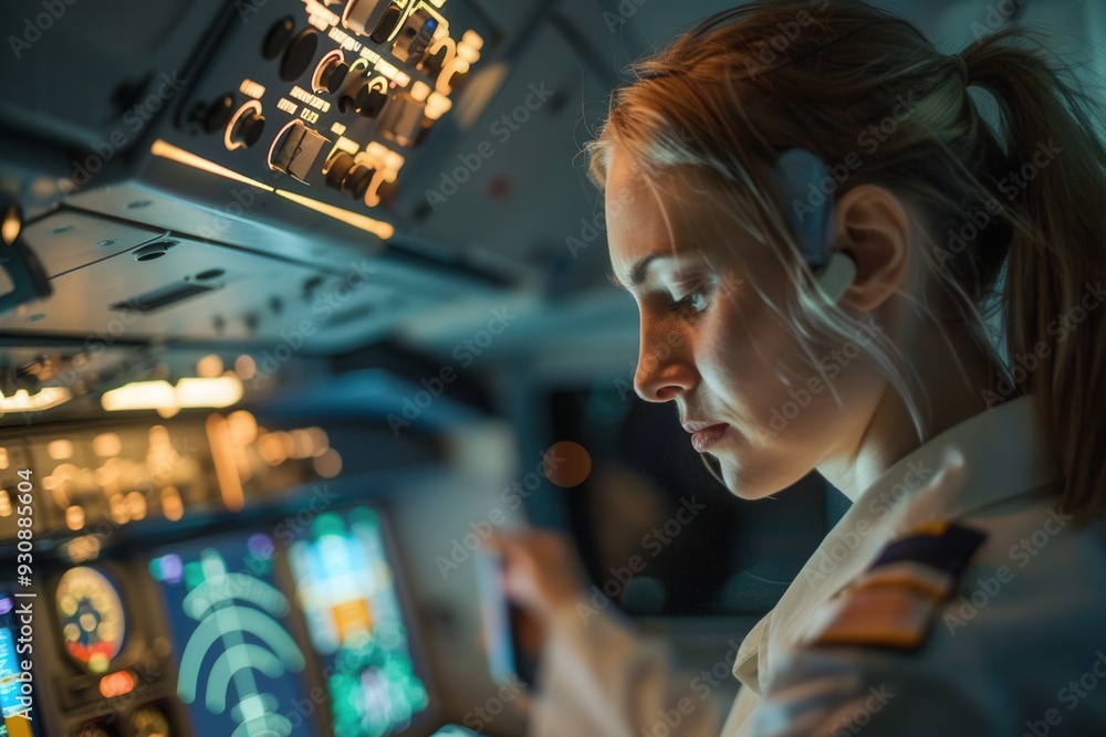 Poster A flight attendant checks cockpit instruments and controls before takeoff during a late evening flight. Generative AI