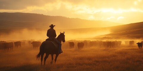 A skilled cowboy rides his majestic horse, guiding a herd of cattle through golden fields at sunset, with rolling hills in the background, capturing the essence of the timeless West