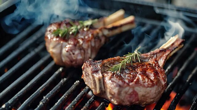 tomahawk  steak on barbecue rack with fire flame and smoke, 