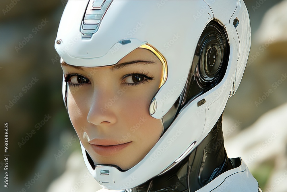 Poster futuristic female robot with helmet blending advanced robotics with human like appearance and functi