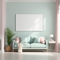 Mockup plain white frame in interior background, room with light pastel colors, 3d rendering