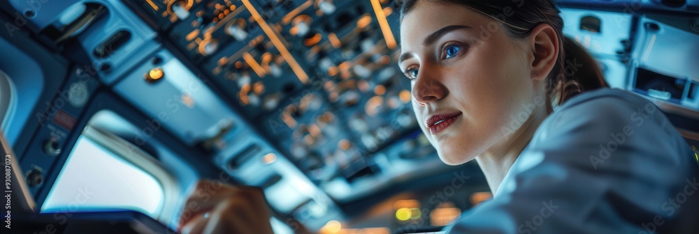 Poster the flight attendant is focused on her duties in the cockpit, ensuring everything is ready for a smo