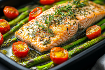 Salmon, Asparagus, and Tomato Dish.
