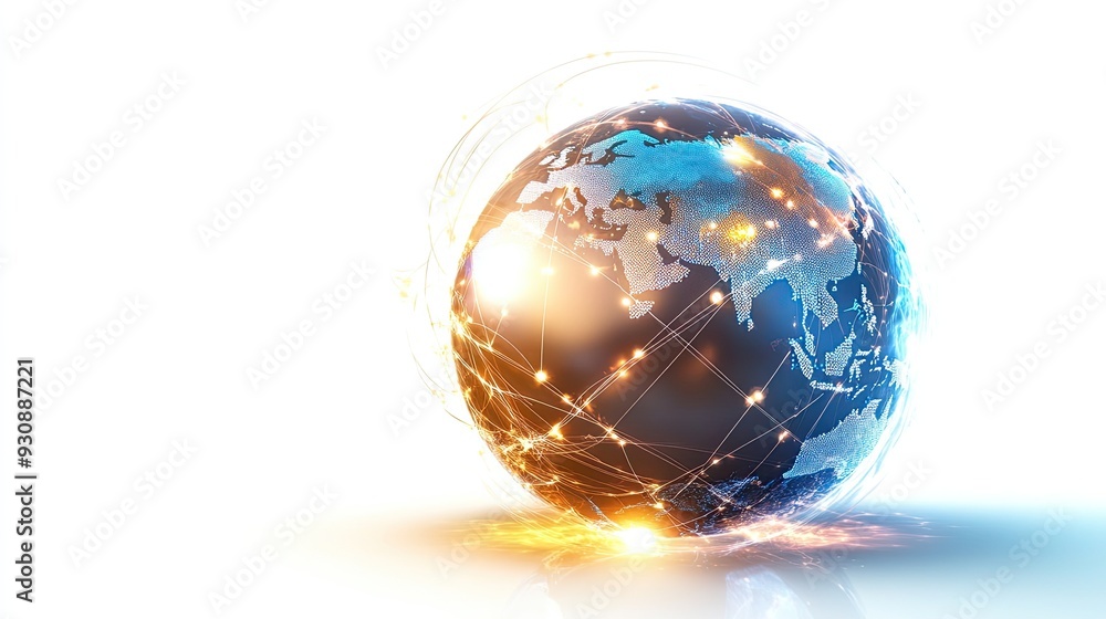Poster a 3d globe with glowing network lines wrapping around it, representing the global connectivity of ne