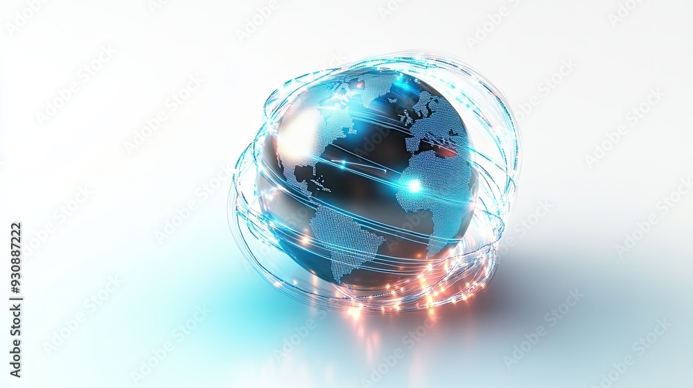 Poster a 3d globe with glowing network lines wrapping around it, representing the global connectivity of ne