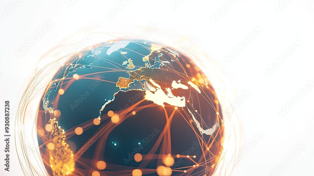 Poster a 3d globe with glowing network lines wrapping around it, representing the global connectivity of ne
