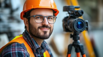 Fototapeta premium A man in a yellow jacket is smiling and holding a tape measure.