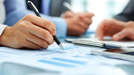 Close-up of a team is hands holding pens over a document working on a business plan together