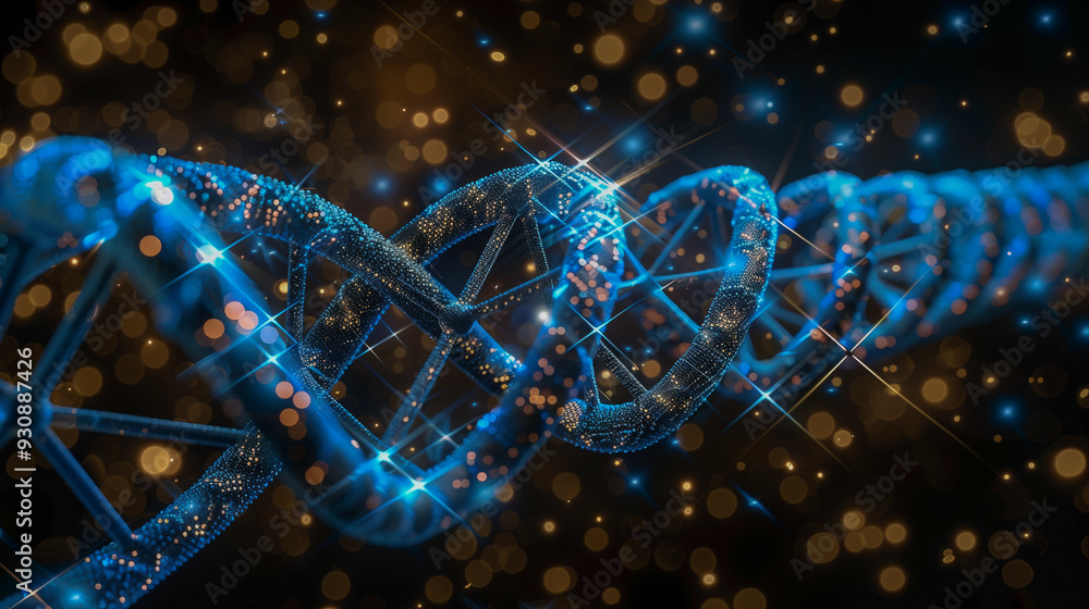 Poster glowing dna helix surrounded by sparkling light particles..