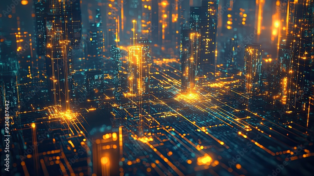 Poster a 3d rendering of a futuristic cityscape with glowing digital connections, representing the integrat