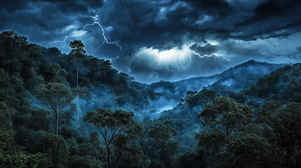 Obraz premium Lightning strikes over misty forest during storm.