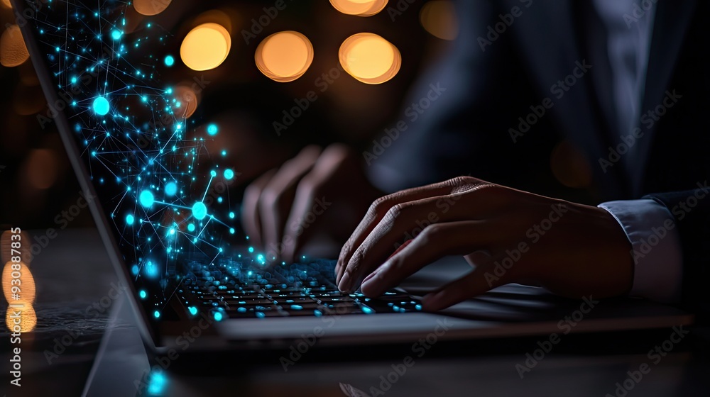 Poster a business professional using a laptop to access network services, with a glowing network icon in th