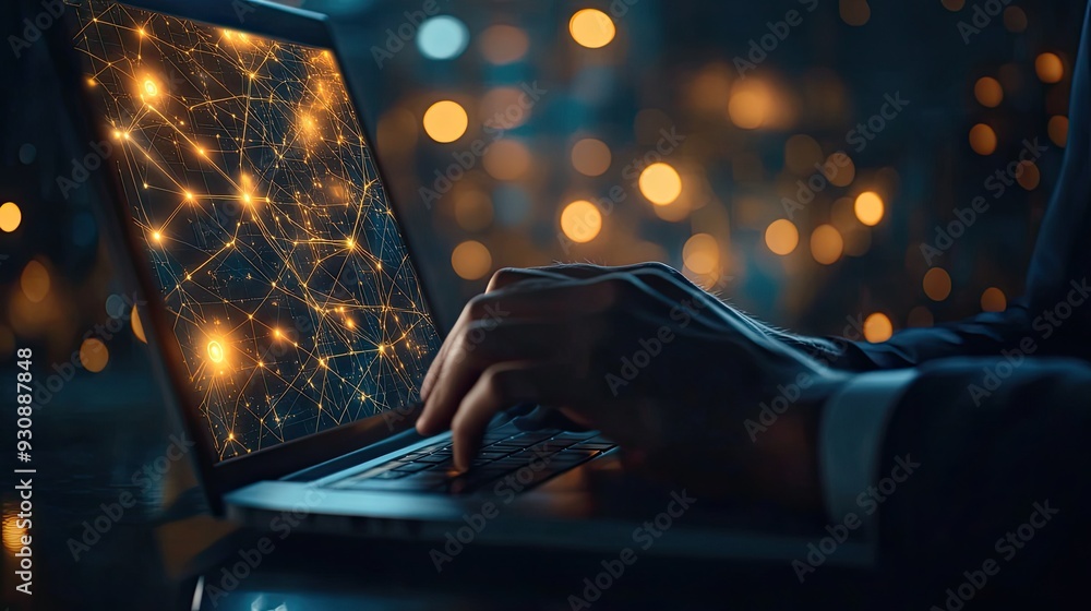 Poster a business professional using a laptop to access network services, with a glowing network icon in th