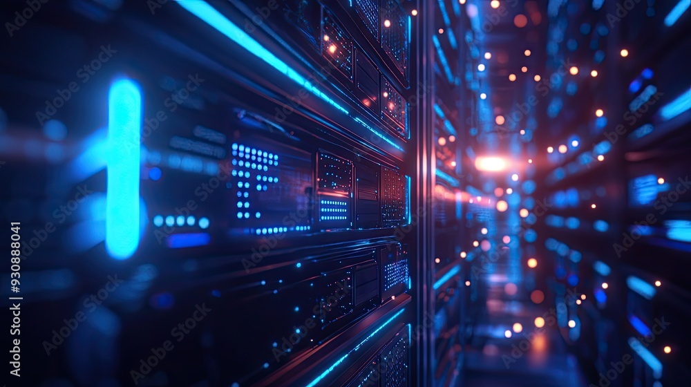 Aufkleber a close up of a futuristic network server with glowing blue lights and digital connections, symboliz