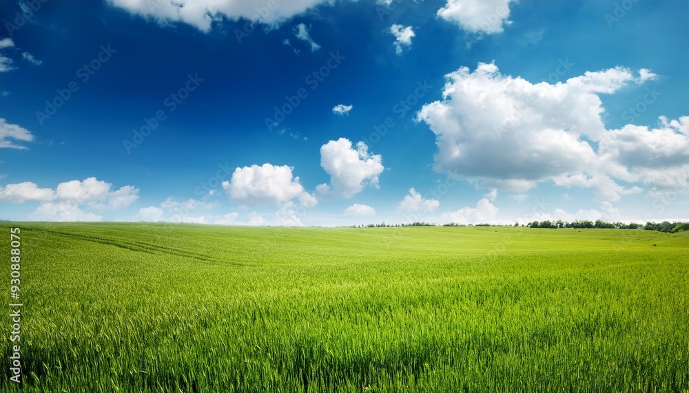 Wall mural green field with blue sky and cloud