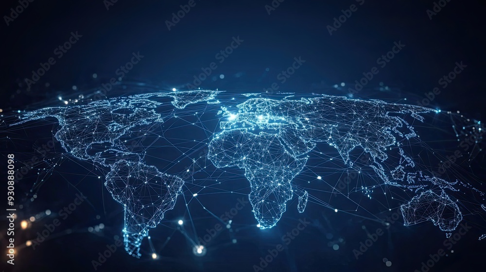 Poster a digital network map with global nodes and connections, representing the worldwide reach of modern 