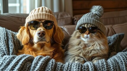 Two cats and a dog are wearing sunglasses and hats. The dog is wearing a brown hat and sunglasses, while the cat is wearing a gray hat and sunglasses. They are laying on a couch together