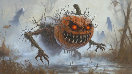 Obraz premium Frightening pumpkin monster stalks through misty forest.