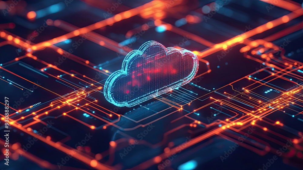 Poster a digital rendering of a cloud migration strategy diagram, with key steps highlighted.