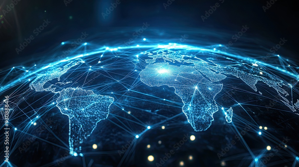 Poster a digital rendering of a global network with glowing lines connecting continents, symbolizing the va