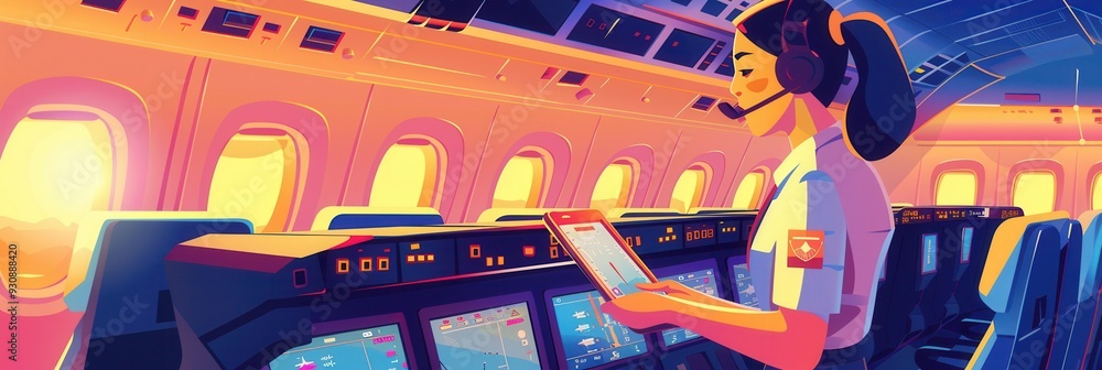 Poster a flight attendant reviews documents in the cockpit as the sun sets, casting warm light through the 