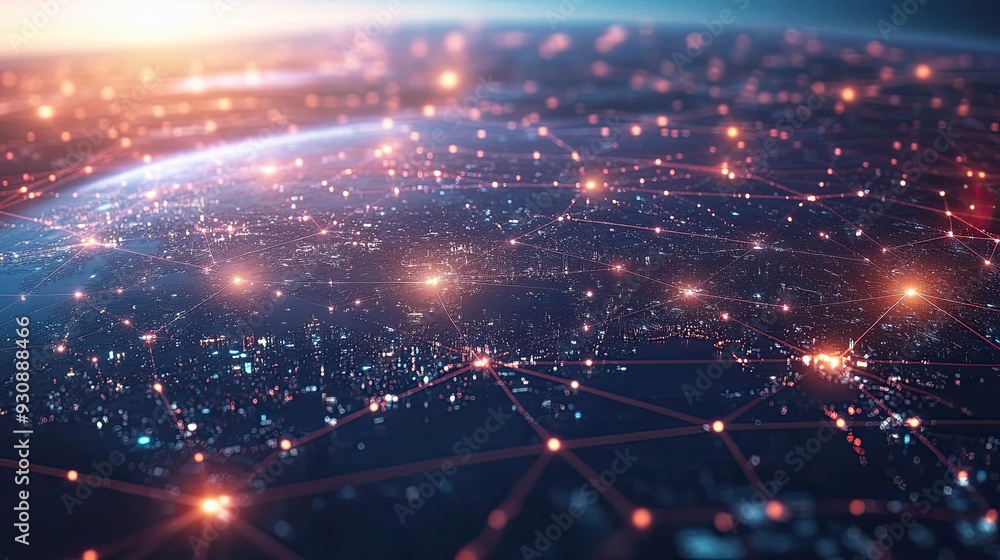 Poster a digital rendering of a global network with nodes representing major cities, symbolizing the urban 