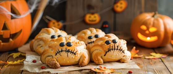 Spooky Halloween pastries with pumpkin decorations and autumn leaves