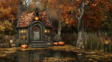 Fototapeta premium A quaint, wooden cottage nestled in a forest with fall foliage and a pond.