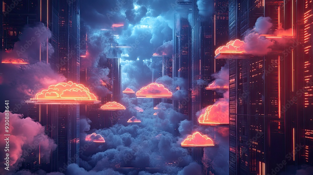 Poster a futuristic data center with layers of glowing cloud servers, representing the scalability of cloud