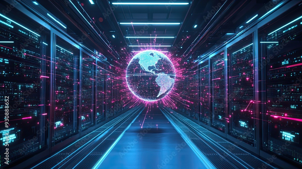Poster a futuristic data center with a holographic globe surrounded by network lines, symbolizing the globa
