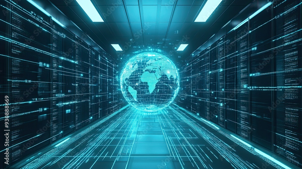 Poster a futuristic data center with a holographic globe surrounded by network lines, symbolizing the globa