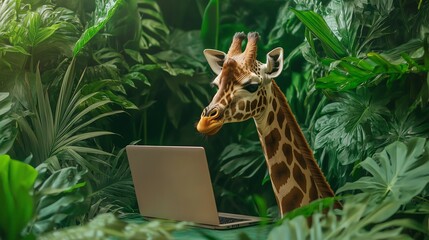 A giraffe in a jungle setting, curiously looking at a laptop amidst lush green foliage © Creative_Bringer