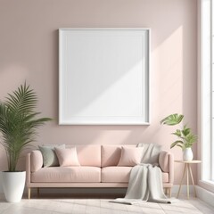 Mockup plain white frame in interior background, room with light pastel colors, 3d rendering