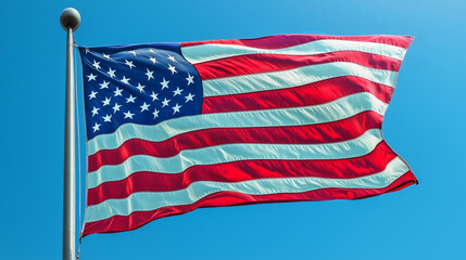 Obraz premium American flag waving in the wind against a bright blue sky.