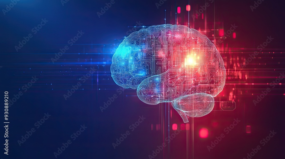 Poster abstract ai brain design with luminous lines and tech symbols