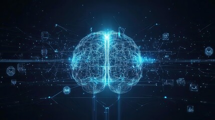 Obraz premium Abstract AI brain design with luminous lines and tech symbols