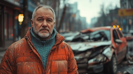 Fototapeta premium Distressed Middle-aged Man on Street with Car Accident in Background.