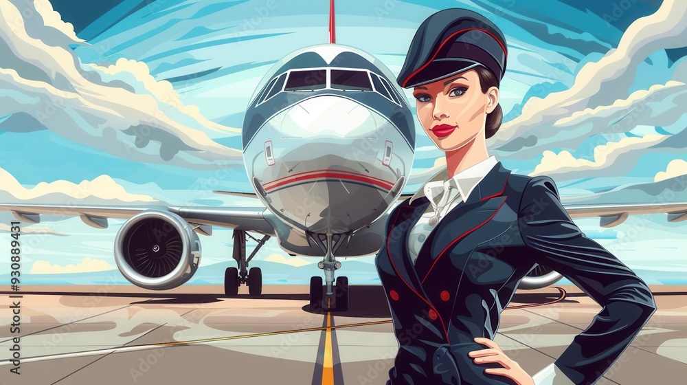 Poster a flight attendant poses proudly in front of an aircraft, showcasing her uniform against a beautiful