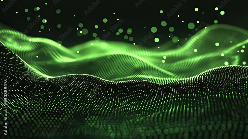Poster abstract green technology background with dynamic waveforms and dots