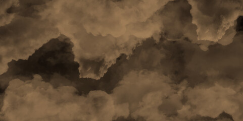 Abstract light and dark brown clouds over the fog and smoke hover in the sky like a hazy morning mist, modern dark and dramatic brown smoke clouds in the sky grunge black background with copy space.