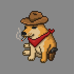 Obraz premium Dog dressed as a cowboy, pixel art meme