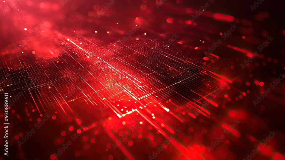 Wall mural abstract red tech wallpaper with luminous lines and tech textures