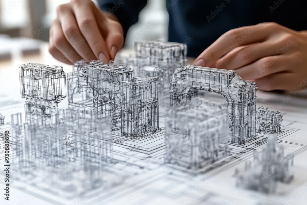 Poster hands working on a 3d architectural model representing the creativity and precision in modern urban 