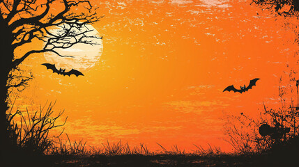 Two Bats Flying in Front of an Orange Sunset with a Tree in the Foreground.