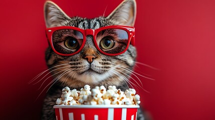 Cat wearing red sunglasses with a popcorn bucket, playful expression, bright red background