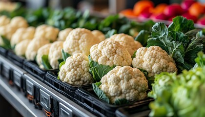 Cauliflower heads lined up on a conveyor belt, ready for packaging