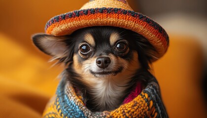 Chihuahua in a colorful sombrero and poncho against an orange backdrop, festive and vibrant