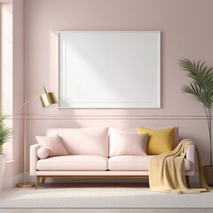 Mockup plain white frame in interior background, room with light pastel colors, 3d rendering