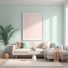 Mockup plain white frame in interior background, room with light pastel colors, 3d rendering